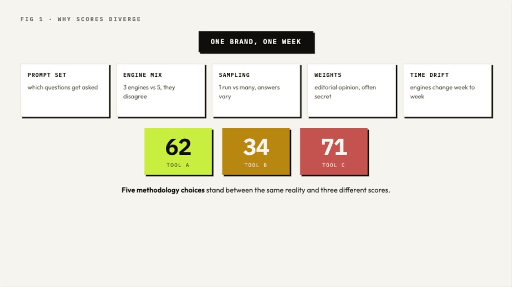 Diagram of five sources of AI visibility score divergence: sampled answers, different prompt sets, different engine mixes, different scoring weights, and answer drift over time